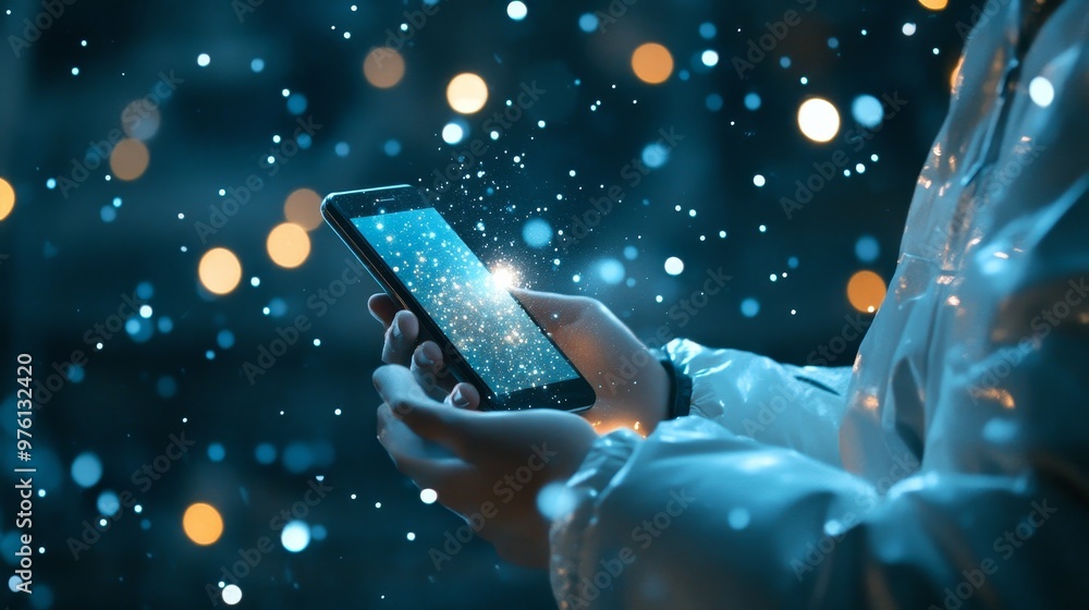 Poster a person holds a smartphone with sparkling lights emanating from the screen, creating a sense of dig