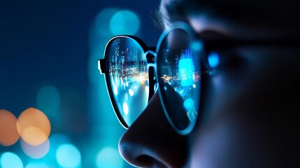 A person wearing glasses with a city lights reflection, symbolizing improved vision, clarity, urban life, technology, and progress.