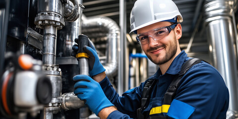 Mechatroniker f&uuml;r K&auml;ltetechnik installiert K&uuml;hlrohre an einer gro&szlig;en K&uuml;hlanlage