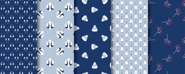 Set of minimalistic elegant Christmas seamlessa patterns. Suitable for wrapping paper, fabric, greeting cards, backgrounds, backdrops