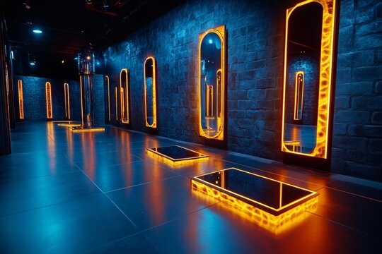 Berlin's Immersive Theater Scene represented in a cultural infographic, featuring innovative theater experiences like The Mirror Maze and Dark Matter