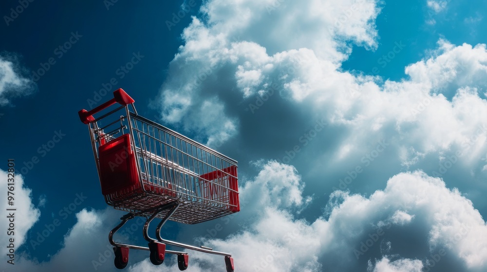 Poster a shopping cart against a blue sky with clouds symbolizes a retail giant integrating cloud computing