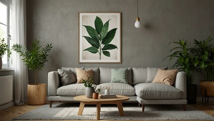Modern living room with a light grey sofa, framed picture, and green plant in a wooden pot.