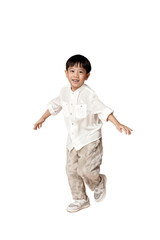 Happy Asian young boy in casual attire, smiling and playing, isolated on white background. Perfect for family and childhood themes. transparent PNG white background.