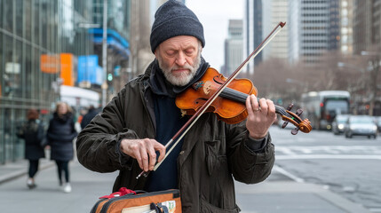 Fototapeta premium A street musician, a husky man with a beard, plays the violin passionately in the city. His music fills the air, a blend of emotion and skill. He's lost in the rhythm
