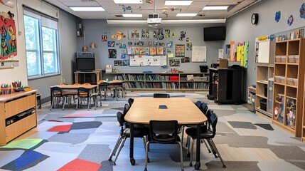 A special education classroom equipped with adaptive tools and technologies, catering to the unique needs of each student.