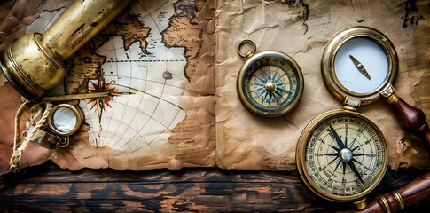 A vintage map with navigational tools like a compass and telescope, evoking exploration.