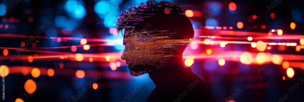 Poster a warped portrait of a person's silhouette with a digital identity. the background has red and blue 