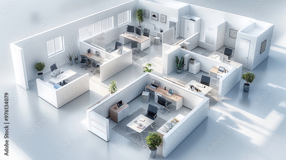 Poster 3d isometric view of neatly arranged office cubicles. top view of white cubicles in modern office wi