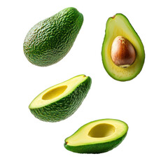 Set of whole Avocado, half and slice falling in the air isolated on transparency background