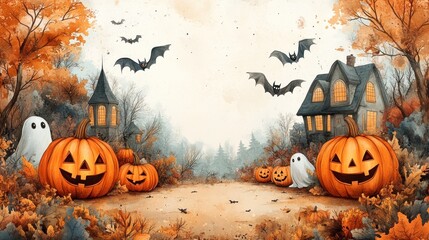 Halloween-themed scene with pumpkins, ghosts, and bats.