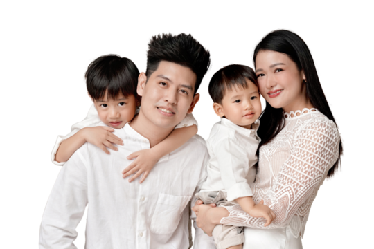 Happy Asian family portrait with parents and two children smiling in white outfits, isolated on white background. transparent PNG white background.