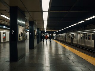 Modern subway station with a blank billboard and commuters.