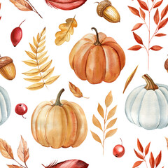 Autumn pattern Watercolor painting dry Leaves, flowers, floral Elements, pumpkin. Seasonal accents elegant fall designs