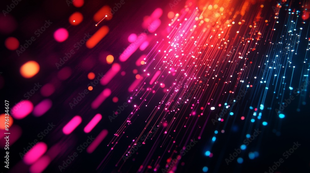 Poster abstract digital data visualization featuring a cascade of vibrant lines and glowing dots, symbolizi