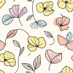 Simple line art vector seamless pattern of flowers and leaves