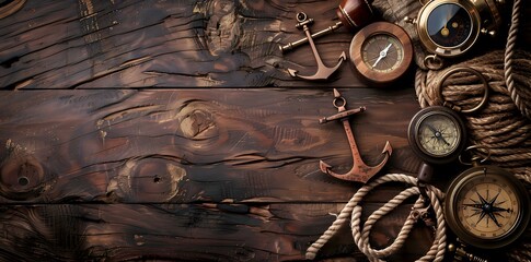 A rustic wooden background featuring anchors, compasses, and ropes, evoking a nautical theme.