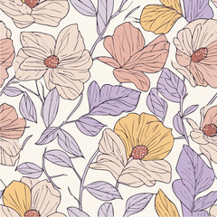 Simple line art vector seamless pattern of flowers and leaves