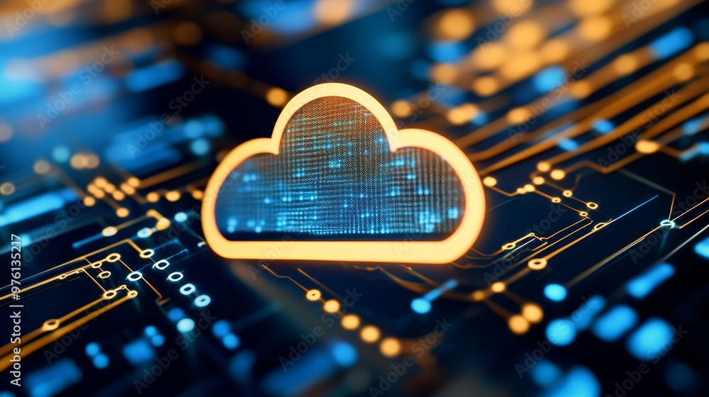 Poster cloud computing integration for retail giants: a digital cloud symbol on a circuit board represents 
