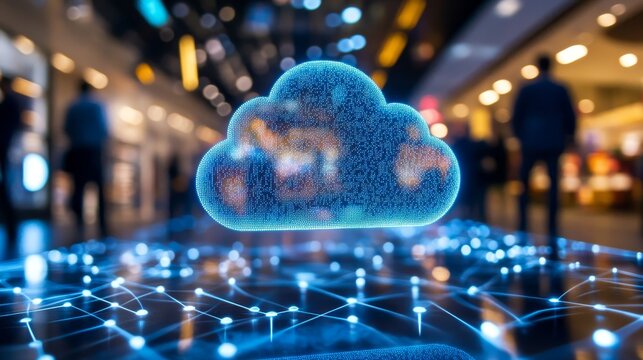 Cloud Computing for Retail: Transforming Business with Technology. This image symbolizes innovation, connectivity, data storage, security, and future of retail.