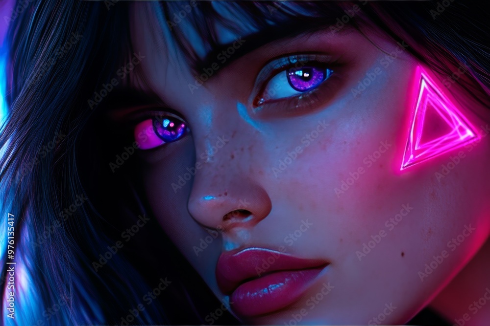 Poster futuristic portrait of a woman with neon triangles symbolizing individuality technology and the fusi