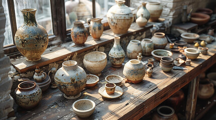 Artisan's Craft: Handmade Pottery on Wooden Workbench