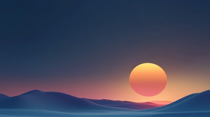 Obraz premium Serene Sunset Over Rolling Hills, an illustration of a vibrant sunset with a large orange sun setting behind a line of blue hills, symbolizing peace, tranquility, hope, new beginnings