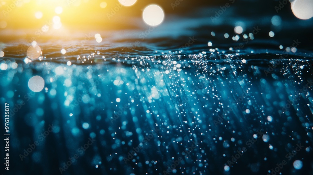 Poster sunrays and bubbles dance beneath a sparkling water surface, creating an abstract and mesmerizing sc