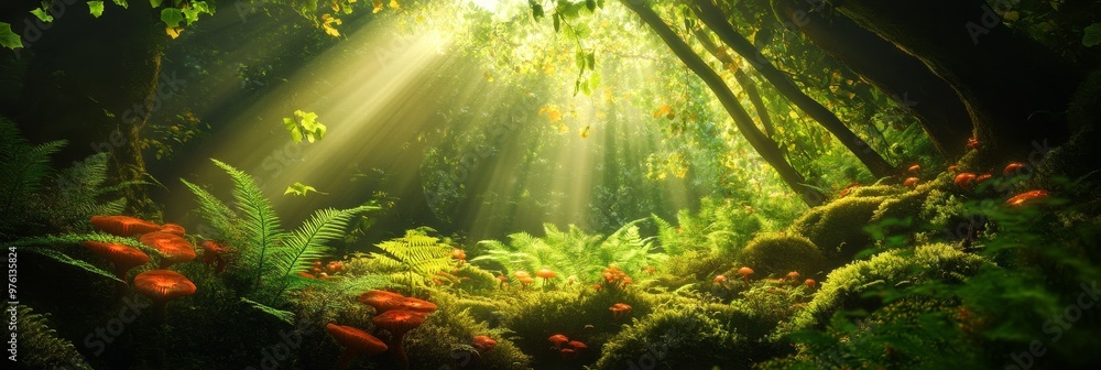 Poster sunlight dappled forest floor - a mystical forest scene with sunlight filtering through the canopy, 