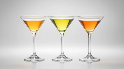 Three martini glasses filled with different colored liquids, representing choice, variety, and celebration.