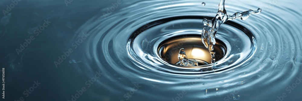 Poster water droplet splashing into still water with ripples creating concentric circles. a captivating mac