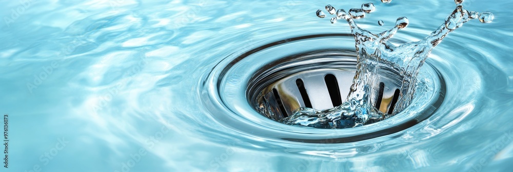 Poster water swirling down the drain with a splash, creating ripples and a vortex. the image showcases a cl