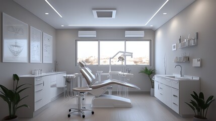 A modern and clean dental office with a comfortable chair and a large window. The room is decorated with plants and white cabinets.