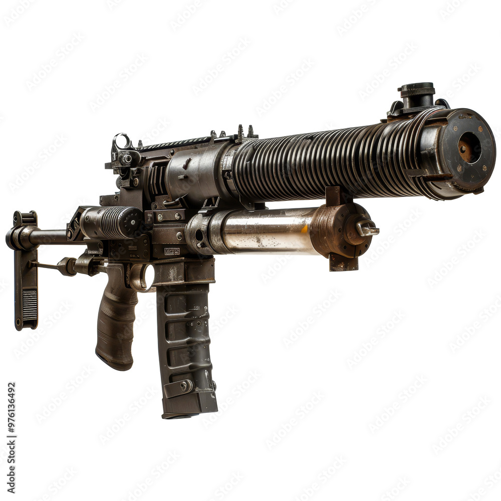 Poster high-tech submachine gun displayed on a neutral background, showcasing its sleek design and advanced