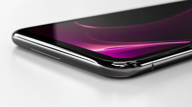 Close-up of a smartphone on a white background, showing the sleek black design and edge-to-edge screen, bright and clear lighting, focused on product details.