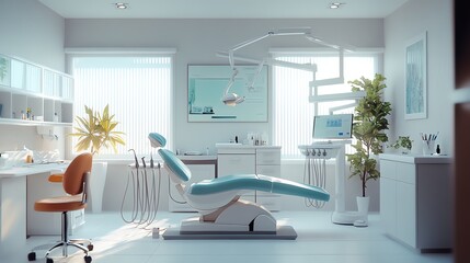 A clean and modern dentist's office with a bright blue wall, a large window, and a comfortable dental chair.