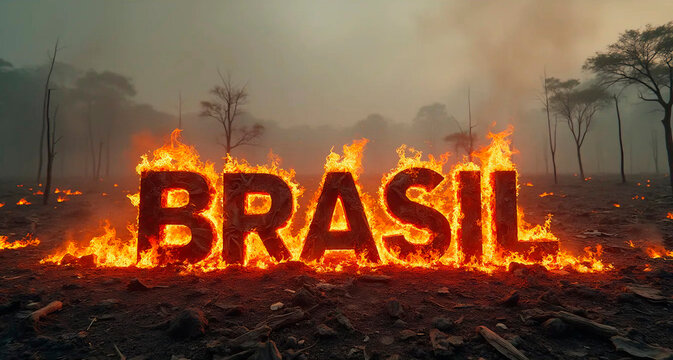 Brasil em chamas. Letras da palavra Brasil em chamas. Fogo no Brasil. Brasil pegando fogo. Inc&ecirc;ndio Pegando fogo. Em chamas. Letras pegando fogo.