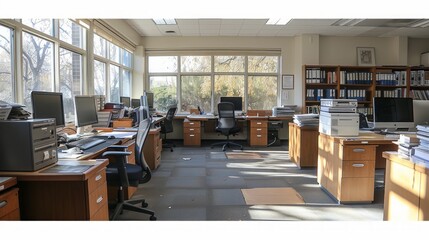 A clean and organized office with a desk, chair, and bookshelf. The desk has a laptop and a stack of papers. The room is well-lit and has a professional atmosphere