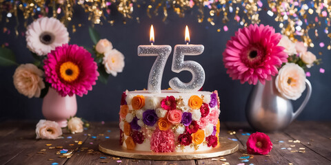 Delicious festive sweet cake with candle number 75, elegant flowers