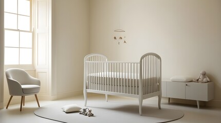 Fototapeta premium A serene baby's room with a white crib, a comfortable chair, and a plush rug, designed for a peaceful atmosphere.