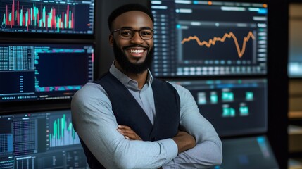 Smiling African American black businessman with crossed arms standing by display screen with digital graph, chart Male entrepreneur, manager Finance analysis Investment Office monitors Data statistics