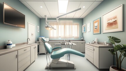 A clean and modern dental office with a white chair and a window with natural light. The room is decorated with plants and a simple design.