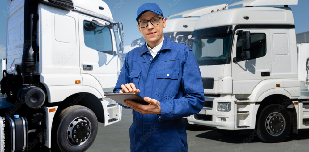 Poster fleet manager with digital tablet on a background of trucks