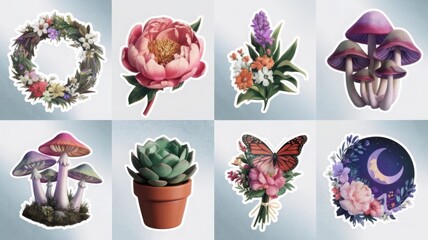 collection of flowers 3D rendering of a set of botanical stickers.