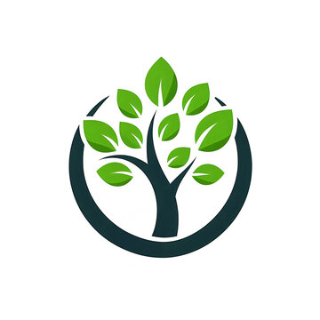 rundes Logo Symbol mit gr&uuml;nem Baum f&uuml;r Wachstum Nachhaltigkeit Umwelt Schutz und Pflanzen Liebe &Ouml;kologie Wald Garten Natur Blatt auf wei&szlig;em Hintergrund als Vorlage nachhaltig gesund wirtschaften