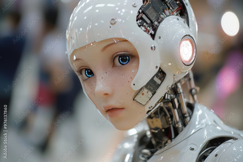 Poster futuristic portrait of a robot child with glowing eyes symbolizing artificial intelligence technolog