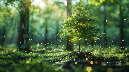 A Single Tree Sapling in a Lush Green Forest with Sunlight and Raindrops