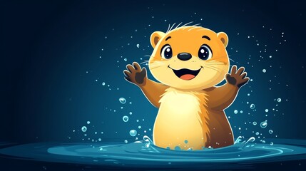Fototapeta premium Cute cartoon otter waving in water splashing
