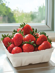 A carton of fresh strawberries in a bright kitchen setting, natural sunlight streaming through the window, vibrant red berries, simple and clean.