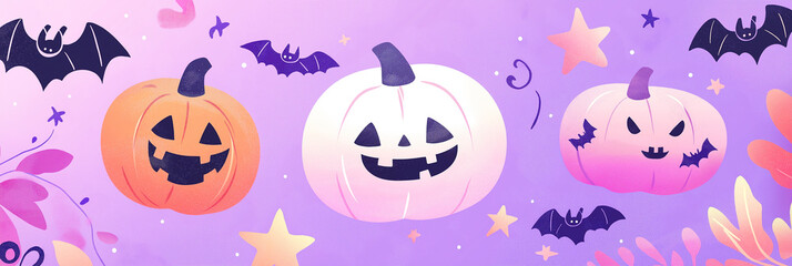 Fototapeta premium Cute halloween art featuring smiling cute jack o lantern on lilac background